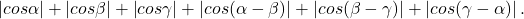 \left|cos \alpha \right|+\left|cos\beta\right|+\left|cos\gamma\right|+\left|cos(\alpha-\beta)\right|+\left|cos(\beta-\gamma)\right|+\left|cos(\gamma-\alpha)\right|.