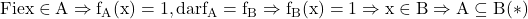 \rm{ Fie x\in A \Rightarrow f_{A}(x)=1, dar f_{A}=f_{B}\Rightarrow f_{B}(x)=1\Rightarrow x\in B\Rightarrow A\subseteq B  (*)