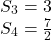 \[ 	\begin{array}{l} 	 S_3  = 3 \\ 	 S_4  = \frac{7}{2} \\ 	 \end{array} 	\]