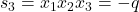 s_3=x_1x_2x_3=-q