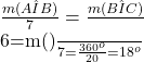 \bl \frac{m(\hat{AIB})}{7}=\frac{m(\hat{BIC})} 	 	{6}=\frac{m(\hat{CIA})}{7}=\frac{360^{\small o}}{20}=18^{\small o}