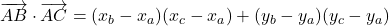 \overrightarrow{AB}\cdot \overrightarrow{AC}=(x_{b}-x_{a})(x_{c}-x_{a})+(y_{b}-y_{a})(y_{c}-y_{a}) 	 	 	