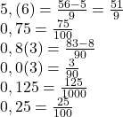  	\[ 	\begin{array}{l} 	 5,(6) = \frac{{56 - 5}}{9} = \frac{{51}}{9} \\ 	 0,75 = \frac{{75}}{{100}} \\ 	 0,8(3) = \frac{{83 - 8}}{{90}} \\ 	 0,0(3) = \frac{3}{{90}} \\ 	 0,125 = \frac{{125}}{{1000}} \\ 	 0,25 = \frac{{25}}{{100}} \\ 	 \end{array} 	\] 	