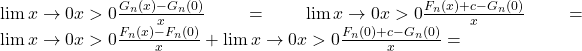 \lim{x\to 0 \\x>0}\frac{G_n(x)-G_n(0)}{x}=\lim{x\to 0\\x>0}\frac{F_n(x)+c-G_n(0)}{x}=\lim{x\to 0\\x>0}\frac{F_n(x)-F_n(0)}{x}+\lim{x\to 0\\x>0}\frac{F_n(0)+c-G_n(0)}{x}=