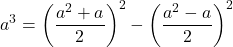  	\[ 	a^3  = \left( {\frac{{a^2  + a}}{2}} \right)^2  - \left( {\frac{{a^2  - a}}{2}} \right)^2 	\] 	