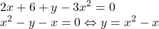 \[ 	\begin{array}{l} 	 2x + 6 + y - 3x^2  = 0 \\ 	 x^2  - y - x = 0 \Leftrightarrow y = x^2  - x \\ 	 \end{array} 	\]