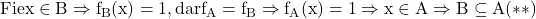 \rm{ Fie x\in B \Rightarrow f_{B}(x)=1, dar f_{A}=f_{B}\Rightarrow f_{A}(x)=1\Rightarrow x\in A\Rightarrow B\subseteq A (**)