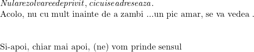  	\it{Nu la rezolvare e de privit, ci cui se adreseaza .\\\;\\\bl 	 	 Acolo,  nu cu mult inainte de a zambi ...un pic amar, se va vedea .\\\;\\ 	 	Si-apoi, chiar mai apoi, (ne) vom prinde sensul 	 	} 	 	