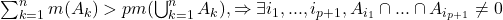 \sum_{k=1}^nm(A_k)>pm(\bigcup_{k=1}^{n}A_k),\Rightarrow \exists i_1,...,i_{p+1},A_{i_1}\cap...\cap A_{i_{p+1}} \neq 0