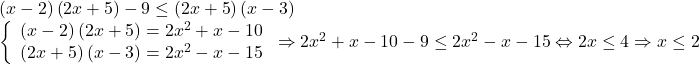 \begin{array}{l} 	\left( {x - 2} \right)\left( {2x + 5} \right) - 9 \le \left( {2x + 5} \right)\left( {x - 3} \right)\\ 	\left\{ \begin{array}{l} 	\left( {x - 2} \right)\left( {2x + 5} \right) = 2{x^2} + x - 10\\ 	\left( {2x + 5} \right)\left( {x - 3} \right) = 2{x^2} - x - 15 	\end{array} \right. \Rightarrow 2{x^2} + x - 10 - 9 \le 2{x^2} - x - 15 \Leftrightarrow 2x \le 4 \Rightarrow x \le 2 	\end{array}