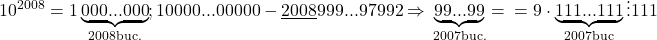 \rm{ 	10^{2008}=1\underbrace{000...000}_{2008 buc.};\\ 	10000...00000-\\ 	            \underline{2008}\\ 	  999...97992 \Rightarrow\\ 	\underbrace{99...99}_{2007 buc.}=\\ 	=9\cdot \underbrace{111...111}_{2007 buc}\vdots {111}\\ 	 	 	