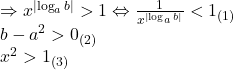 \[ 	\begin{array}{l} 	  \Rightarrow x^{\left| {\log _a b} \right|}  > 1 \Leftrightarrow \frac{1}{{x^{\left| {\log _a b} \right|} }} < 1_{(1)}  \\ 	 b - a^2  > 0_{(2)}  \\ 	 x^2  > 1_{(3)}  \\ 	 \end{array} 	\]