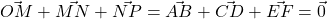 \vec{OM}+\vec{MN}+\vec{NP}=\vec{AB}+\vec{CD}+\vec{EF}=\vec{0}