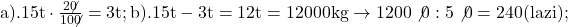 \rm{\bl\\ 	a). 15 t \cdot  \frac{2\not0}{10\not0}= 3 t ;\\ 	b). 15 t  - 3 t = 12 t = 12 000 kg   \rightarrow   1200\not0:5\not0= 240 (lazi) ;\\ 	 	 	