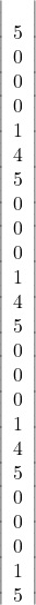  	\[ 	\left| {\begin{array} 	   4 & 5 & 0 & 0 & 0 \\ 	   1 & 4 & 5 & 0 & 0 \\ 	   0 & 1 & 4 & 5 & 0  \\ 	   0 & 0 & 1 & 4 & 5 \\ 	   0 & 0 & 0 & 1 & 5 \\ 	\end{array}} \right| 	\] 	