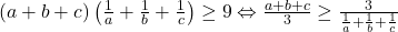 \left(a+b+c\right)\left(\frac{1}{a}+\frac{1}{b}+\frac{1}{c}\right)\geq 9 \Leftrightarrow \frac{a+b+c}{3}\geq \frac{3}{\frac{1}{a}+\frac{1}{b}+\frac{1}{c}}