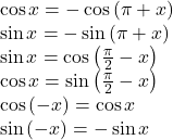 \[ 	\begin{array}{l} 	 \cos x =  - \cos \left( {\pi  + x} \right) \\ 	 \sin x =  - \sin \left( {\pi  + x} \right) \\ 	 \sin x = \cos \left( {\frac{\pi }{2} - x} \right) \\ 	 \cos x = \sin \left( {\frac{\pi }{2} - x} \right) \\ 	 \cos \left( { - x} \right) = \cos x \\ 	 \sin \left( { - x} \right) =  - \sin x \\ 	 \end{array} 	\]