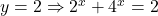 y=2 \Rightarrow 2^x+4^x=2