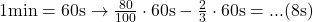 \rm{\\ 	        1 min  = 60 s   \rightarrow    \frac{80}{100} \cdot  60 s - \frac{2}{3} \cdot  60 s = ...  ( 8 s ) 	 	 	