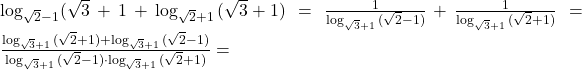 \log_{\sqrt2-1}(\sqrt3+1}+\log_{\sqrt2+1}{(\sqrt3+1)}=\frac{1}{\log_{\sqrt3+1}{(\sqrt2-1)}}+\frac{1}{\log_{\sqrt3+1}{(\sqrt2+1)}}=\frac{\log_{\sqrt3+1}{(\sqrt2+1)}+\log_{\sqrt3+1}{(\sqrt2-1)}}{\log_{\sqrt3+1}{(\sqrt2-1)}\cdot\log_{\sqrt3+1}{(\sqrt2+1)}}=