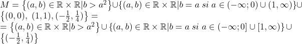 M=\left \{ (a,b)\in \mathbb{R}\times \mathbb{R}|b>a^2 \right \}\cup \left \{ (a,b)\in \mathbb{R}\times \mathbb{R}|b=a\;si\;a\in (-\infty ;0)\cup (1,\infty ) \right \}\cup \left \{ (0,0),\;(1,1),(-\frac{1}{2},\frac{1}{4}) \right \}=\\=\left \{ (a,b)\in \mathbb{R}\times \mathbb{R}|b>a^2 \right \}\cup \left \{ (a,b)\in \mathbb{R}\times \mathbb{R}|b=a\;si\;a\in (-\infty ;0]\cup [1,\infty ) \right \}\cup \left \{ (-\frac{1}{2},\frac{1}{4}) \right \}