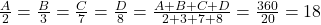 \bl\frac{A}{2}=\frac{B}{3}=\frac{C}{7}=\frac{D}{8}=\frac{A+B+C+D}{2+3+7+8}=\frac{360}{20}=18