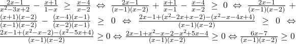 \frac{2x-1}{x^2-3x+2}-\frac{x+1}{1-x}\geq \frac{x-4}{x-2} \Leftrightarrow \frac{2x-1}{(x-1)(x-2)}+\frac{x+1}{x-1}-\frac{x-4}{x-2}\geq 0  \Leftrightarrow \frac{2x-1}{(x-1)(x-2)}+\frac{(x+1)(x-2)}{(x-1)(x-2)}-\frac{(x-4)(x-1)}{(x-2)(x-1)}\geq 0 \Leftrightarrow \frac{2x-1+(x^2-2x+x-2)-(x^2-x-4x+4)}{(x-1)(x-2)} \geq 0\Leftrightarrow \frac{2x-1+(x^2-x-2)-(x^2-5x+4)}{(x-1)(x-2)}\geq 0 \Leftrightarrow \frac{2x-1+x^2-x-2-x^2+5x-4}{(x-1)(x-2)} \geq 0\Leftrightarrow \frac{6x-7}{(x-1)(x-2)}\geq 0