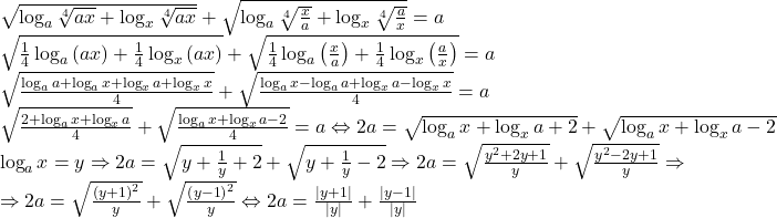 \[ 	\begin{array}{l} 	 \sqrt {\log _a \sqrt[4]{{ax}} + \log _x \sqrt[4]{{ax}}}  + \sqrt {\log _a \sqrt[4]{{\frac{x}{a}}} + \log _x \sqrt[4]{{\frac{a}{x}}}}  = a \\ 	 \sqrt {\frac{1}{4}\log _a \left( {ax} \right) + \frac{1}{4}\log _x \left( {ax} \right)}  + \sqrt {\frac{1}{4}\log _a \left( {\frac{x}{a}} \right) + \frac{1}{4}\log _x \left( {\frac{a}{x}} \right)}  = a \\ 	 \sqrt {\frac{{\log _a a + \log _a x + \log _x a + \log _x x}}{4}}  + \sqrt {\frac{{\log _a x - \log _a a + \log _x a - \log _x x}}{4}}  = a \\ 	 \sqrt {\frac{{2 + \log _a x + \log _x a}}{4}}  + \sqrt {\frac{{\log _a x + \log _x a - 2}}{4}}  = a \Leftrightarrow 2a = \sqrt {\log _a x + \log _x a + 2}  + \sqrt {\log _a x + \log _x a - 2}  \\ 	 \log _a x = y \Rightarrow 2a = \sqrt {y + \frac{1}{y} + 2}  + \sqrt {y + \frac{1}{y} - 2}  \Rightarrow 2a = \sqrt {\frac{{y^2  + 2y + 1}}{y}}  + \sqrt {\frac{{y^2  - 2y + 1}}{y}}  \Rightarrow  \\ 	  \Rightarrow 2a = \sqrt {\frac{{\left( {y + 1} \right)^2 }}{y}}  + \sqrt {\frac{{\left( {y - 1} \right)^2 }}{y}}  \Leftrightarrow 2a = \frac{{\left| {y + 1} \right|}}{{\left| y \right|}} + \frac{{\left| {y - 1} \right|}}{{\left| y \right|}} \\ 	 \end{array} 	\]