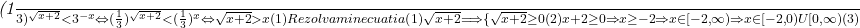  	 	\it{\bl (\frac{1}{3})^{\sqrt{x+2}} < 3^{-x} \Leftrightarrow  (\frac{1}{3})^{\sqrt{x+2}} < (\frac{1}{3})^x  \Leftrightarrow  \sqrt{x+2} > x   (1)\\\;\\Rezolvam inecuatia  (1)\\\;\\\sqrt{x+2}   \Longrightarrow  \{\sqrt{x+2} \geq0   (2)\\\;\\x+2\geq0 \Rightarrow  x\geq -2  \Rightarrow  x \in [ -2, \infty) \Rightarrow  x \in [-2, 0) U [0, \infty )  (3) 	