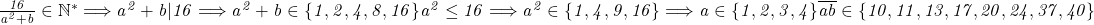  	\it{\bl \frac{16}{a^2+b} \in \mathbb{N}^* \Longrightarrow a^2+b |16 \Longrightarrow  a^2+b \in \{1, 2, 4, 8, 16\}\\\;\\a^2 \leq 16 \Longrightarrow a^2 \in \{1, 4, 9, 16\} \Longrightarrow  a \in \{1, 2, 3, 4\}\\\;\\\overline {ab} \in \{10, 11, 13, 17, 20, 24, 37, 40\}} 	 	