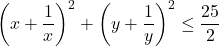  	\[ 	\left( {x + \frac{1}{x}} \right)^2  + \left( {y + \frac{1}{y}} \right)^2  \le \frac{{25}}{2} 	\] 	