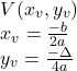  	\[ 	\begin{array}{l} 	 V(x_v ,y_v ) \\ 	 x_v  = \frac{{ - b}}{{2a}} \\ 	 y_v  = \frac{{ - \Delta }}{{4a}} \\ 	 \end{array} 	\] 	