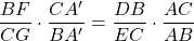 \dfrac{BF}{CG}\cdot\dfrac{CA'}{BA'}=\dfrac{DB}{EC}\cdot\dfrac{AC}{AB}