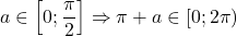 \[ 	a \in \left[ {0;\frac{\pi }{2}} \right] \Rightarrow \pi  + a \in \left[ {0;2\pi } \right) 	\]