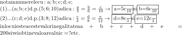 \rm\bl notam numerele cu: a;b;c;d;e;\\ 	(1)...  (a;b;c) d.p. (5;6;10) adica: \frac{a}{5}=\frac{b}{6}=\frac{c}{10} \rightarrow \fbox{a=\frac{5c}{10}} si \fbox{b=\frac{6c}{10}}\\ 	(2)...  (c;d;e) d.p. (3;8;12) adica: \frac{c}{3}=\frac{d}{8}=\frac{e}{12} \rightarrow \fbox{d=\frac{8c}{3}} si \fbox{e=\frac{12c}{3}}\\ 	inlocuieste aceste valor in egalitatea a+b+c+d+e = 200 si vei obtine valoarea lui c= ?   etc. 	 	