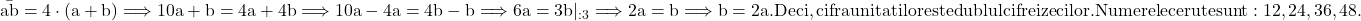  	\rm{\bar{ab} = 4\cdot(a+b) \Longrightarrow 10a + b = 4a + 4b \Longrightarrow 10a - 4a = 4b -b \Longrightarrow 6a = 3b |_{:3} \Longrightarrow 2a = b\Longrightarrow b = 2a.\\\; \\Deci, cifra unitatilor este dublul cifrei zecilor.\\\;\\ Numerele cerute sunt : 12, 24, 36, 48. 	