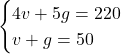 \begin{cases}4v+5g=220 \\ v+g=50\end{cases}