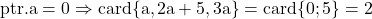 \rm{                                                      ptr. a=0  \Rightarrow  card\{a,2a+5,3a\}=card\{0;5\}=2 \bl