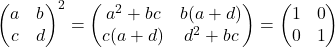 \begin{pmatrix} 	a & b\\ 	c & d 	\end{pmatrix}^2 = 	\begin{pmatrix} 	a^2+bc & b(a+d)\\ 	c(a+d) & d^2+bc 	\end{pmatrix} = \begin{pmatrix} 	1 & 0\\ 	0 & 1 	\end{pmatrix}