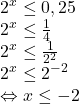  	\[ 	\begin{array}{l} 	 2^x  \le 0,25 \\ 	 2^x  \le \frac{1}{4} \\ 	 2^x  \le \frac{1}{{2^2 }} \\ 	 2^x  \le 2^{ - 2}  \\ 	  \Leftrightarrow x \le  - 2 \\ 	 \end{array} 	\] 	